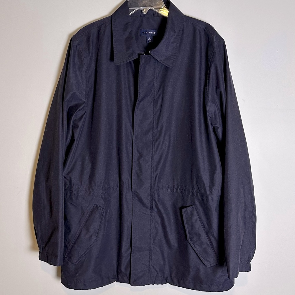Land's End Rain Jacket Trench Coat Drawstring Waist, Navy Blue | Sz L (42-44)
